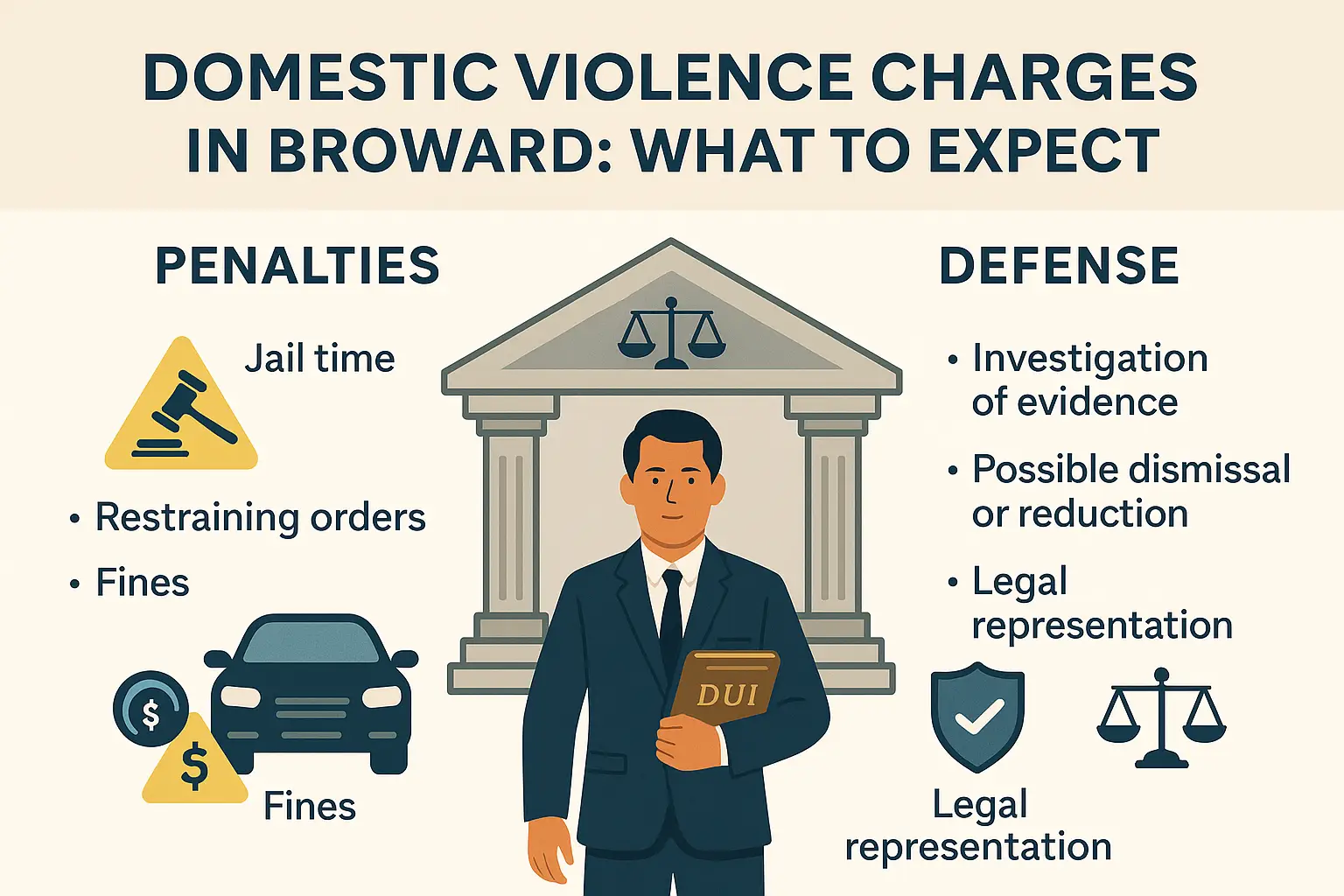Horizontal infographic titled 'Domestic Violence Charges in Broward: What to Expect.' Central illustration of a courthouse with scales of justice, with an attorney figure holding a law book in front. Left section lists penalties: jail time, restraining orders, and fines. Right section outlines defense: investigation of evidence, possible dismissal or reduction, and legal representation. Icons include gavel, warning triangle, shield, courthouse, and scales of justice.
