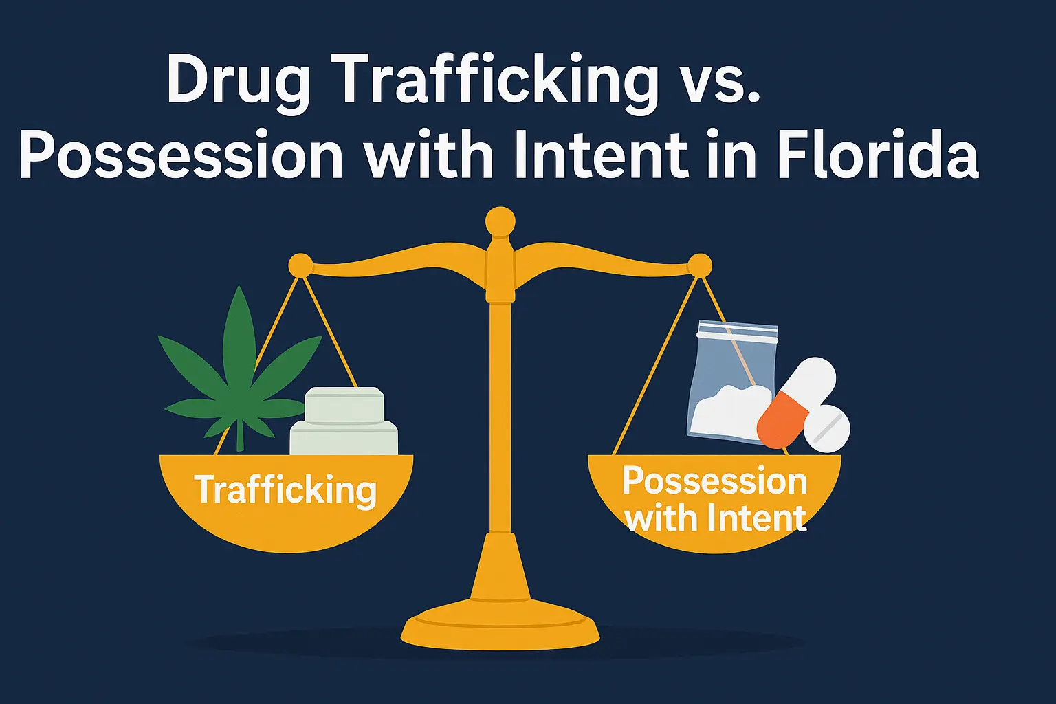 Drug trafficking vs possession with intent in Florida infographic with justice scales balancing marijuana, pills, and bagged substances on a dark blue background.