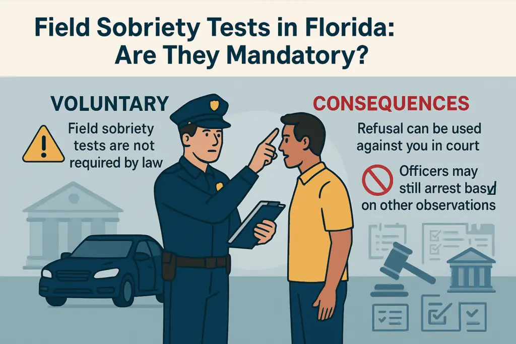 Field sobriety tests in Florida are voluntary; police officer explaining consequences of refusal to a driver, with legal symbols and a car in the background.