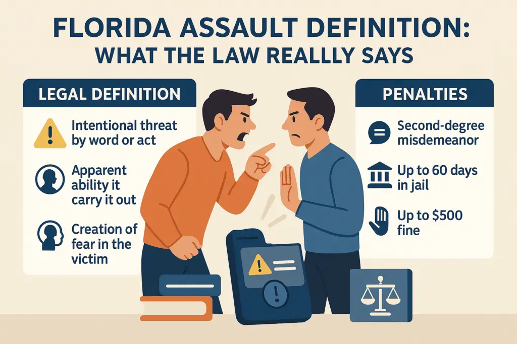 Florida assault definition graphic illustrating legal definition, penalties, and key elements of assault law, including intentional threat, apparent ability, and creation of fear.