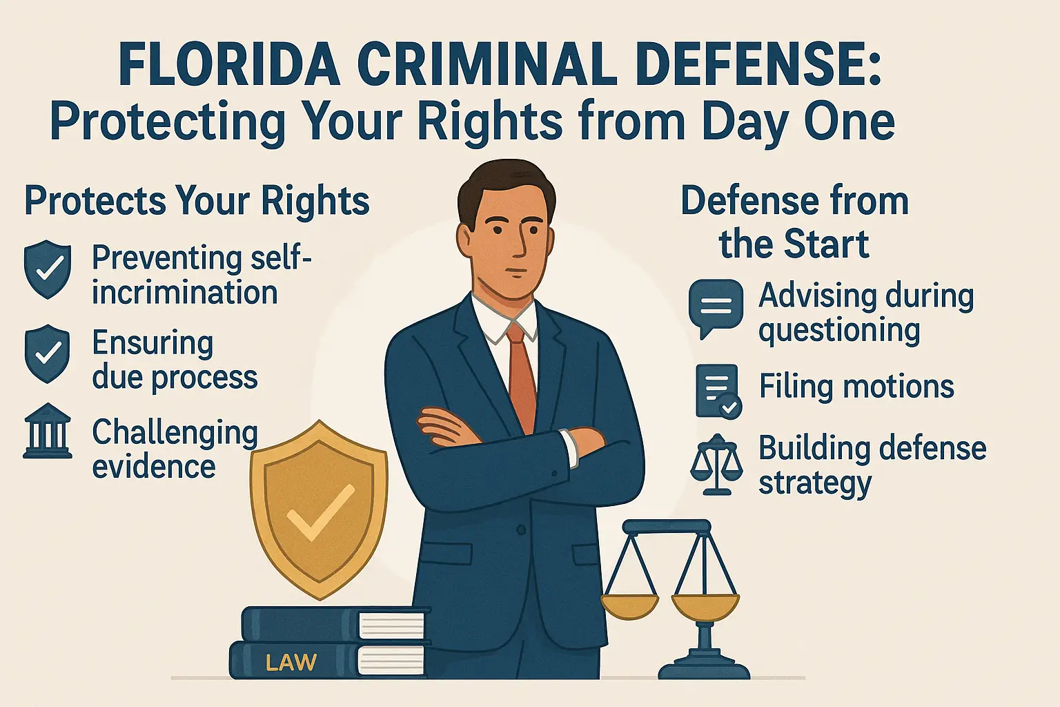 Florida criminal defense illustration featuring a confident attorney in a suit, emphasizing rights protection, legal strategies, and key actions like preventing self-incrimination and ensuring due process, with law books and scales of justice in the background.