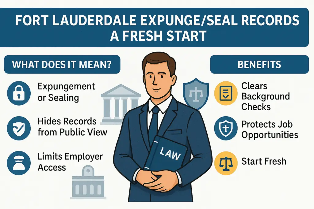 Fort Lauderdale expunge/seal records infographic highlighting benefits of expungement, featuring an attorney holding a law book, icons representing privacy and job protection.