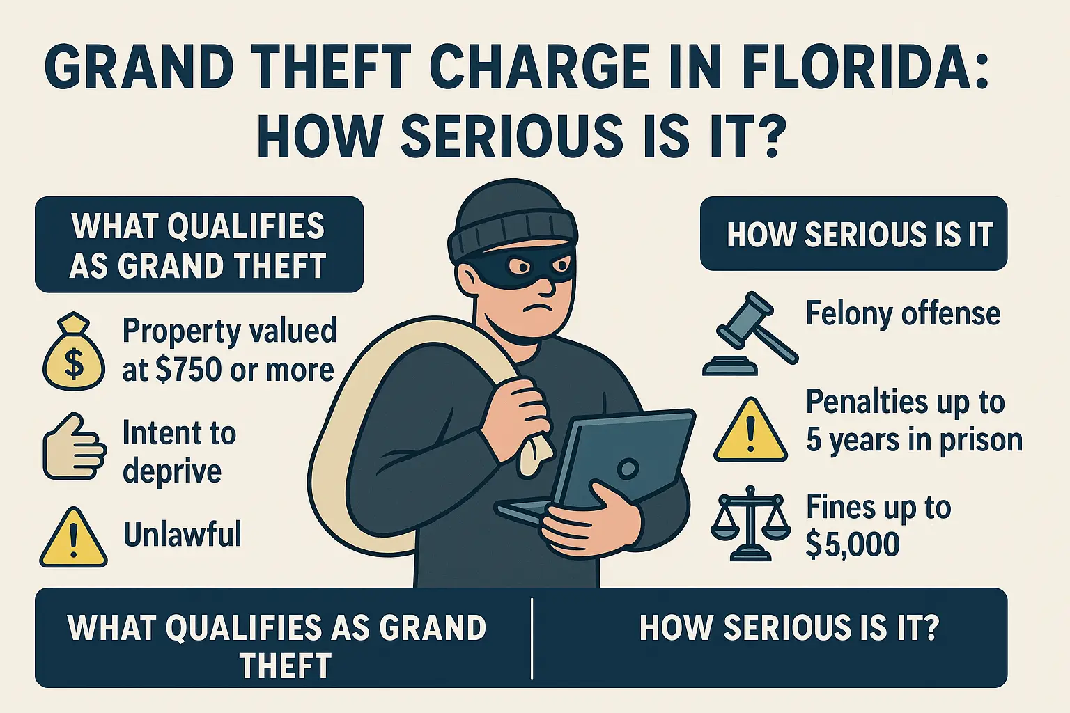 Grand theft charge in Florida infographic illustrating key elements: property value of $750+, intent to deprive, felony offense, potential penalties including up to 5 years in prison and fines up to $5,000.