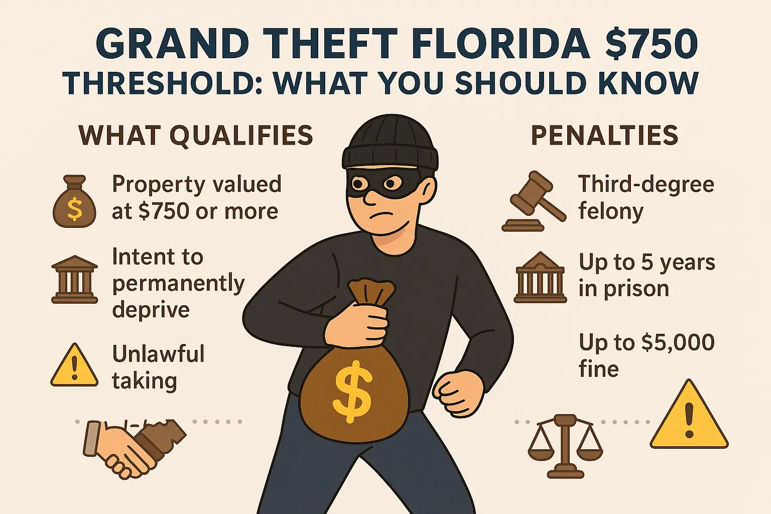 Grand Theft Florida infographic illustrating $750 threshold, featuring a masked thief with a money bag, and key legal points on qualifications and penalties.