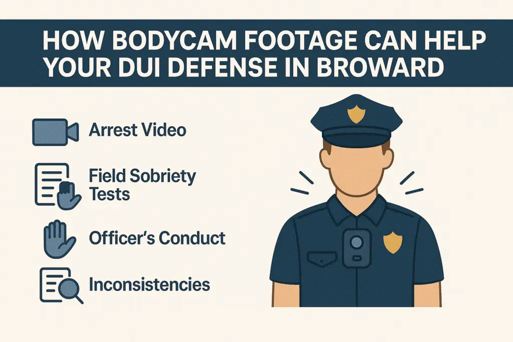 How bodycam footage can aid DUI defense in Broward, featuring police officer, arrest video, field sobriety tests, officer's conduct, and inconsistencies.