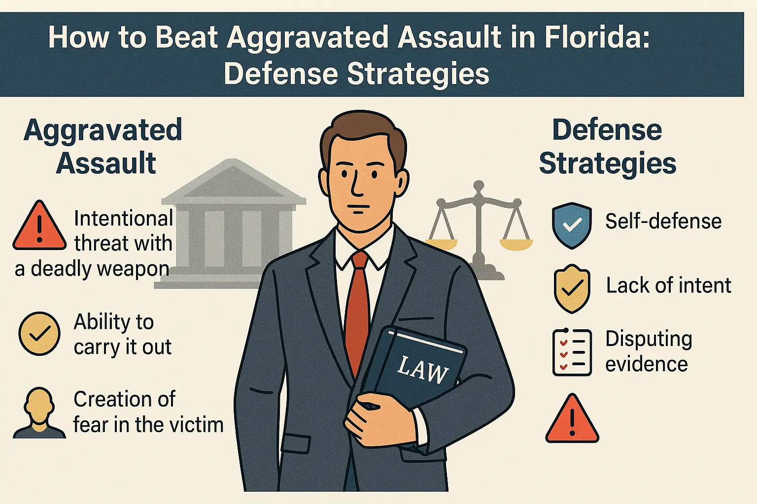 How to Beat Aggravated Assault in Florida infographic featuring a lawyer holding a law book, with visual elements highlighting defense strategies like self-defense, lack of intent, and disputing evidence.