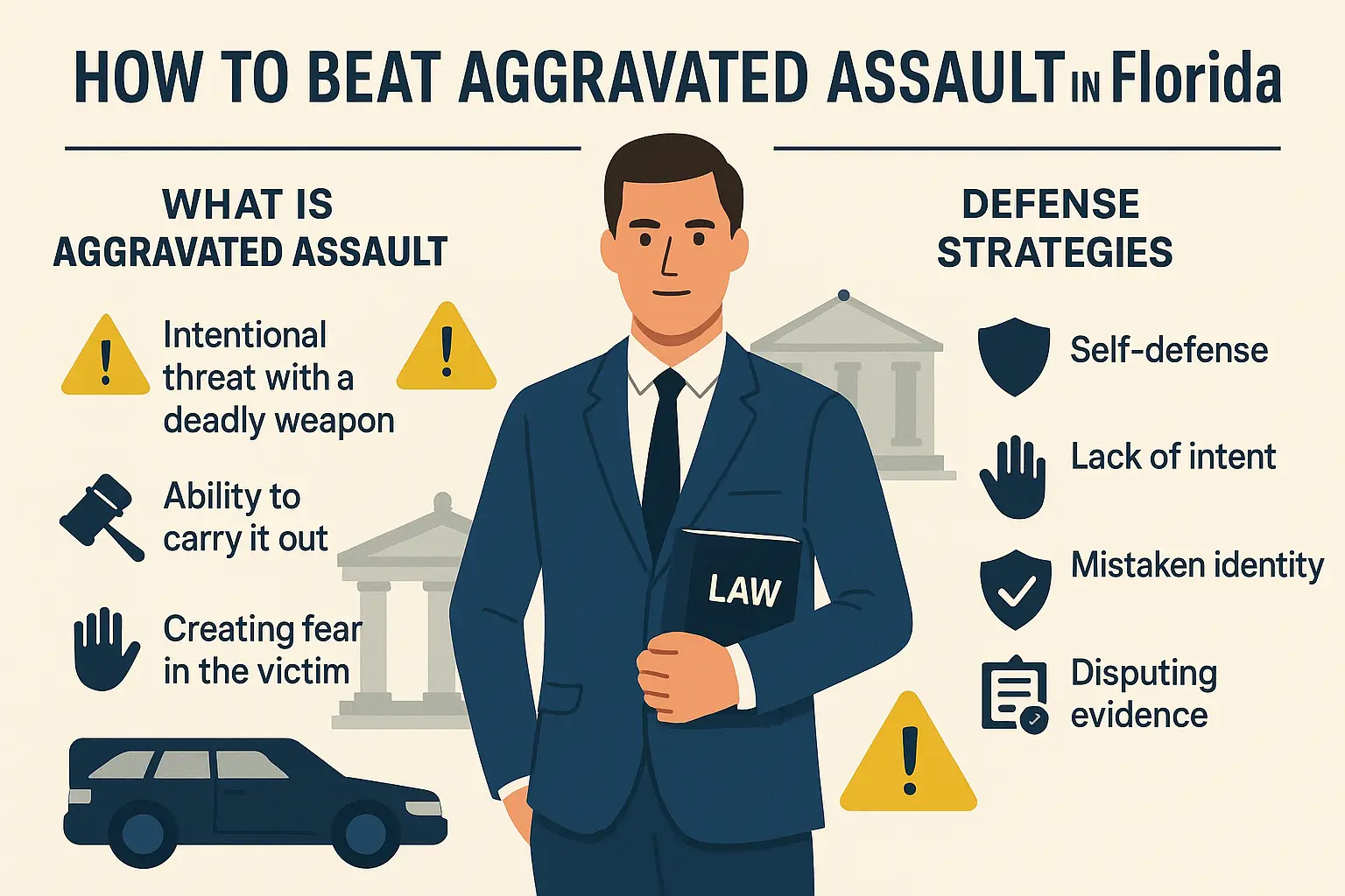 Horizontal infographic titled 'How to Beat Aggravated Assault in Florida.' Central illustration of a defense attorney with courthouse and scales of justice icons in the background. Left section defines aggravated assault: intentional threat with a deadly weapon, ability to carry it out, and creating fear in the victim. Right section highlights defense strategies: self-defense, lack of intent, mistaken identity, and disputing evidence. Icons include gavel, warning triangle, shield, and courthouse.