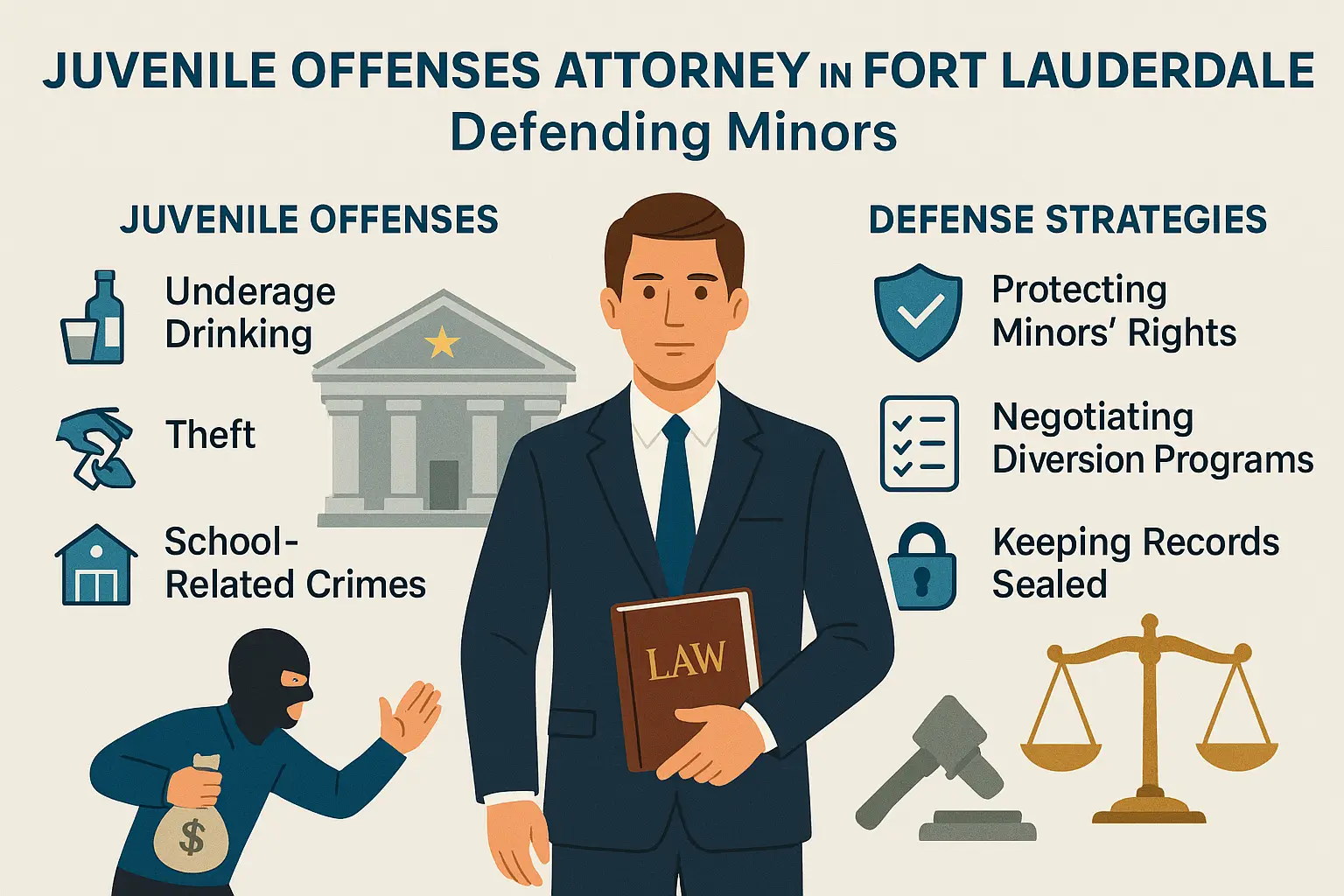 Juvenile offenses attorney in Fort Lauderdale, defending minors; highlights underage drinking, theft, school-related crimes, and defense strategies like protecting minors' rights and negotiating diversion programs.