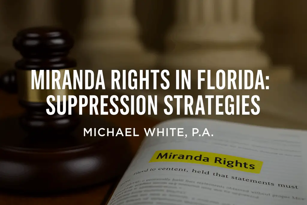 Miranda Rights in Florida text with gavel, highlighting suppression strategies by Michael White, P.A.