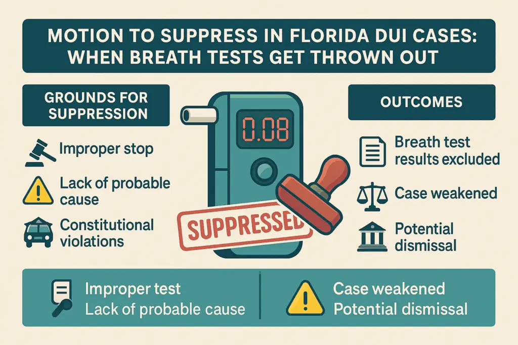 Motion to suppress in Florida DUI cases infographic highlighting grounds for suppression like improper stop and lack of probable cause, with outcomes including breath test results excluded and potential case dismissal.