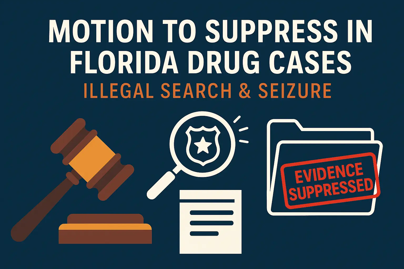 Motion to suppress in Florida drug cases graphic with gavel, police badge under magnifying glass, and file marked “Evidence Suppressed” on dark blue background.
