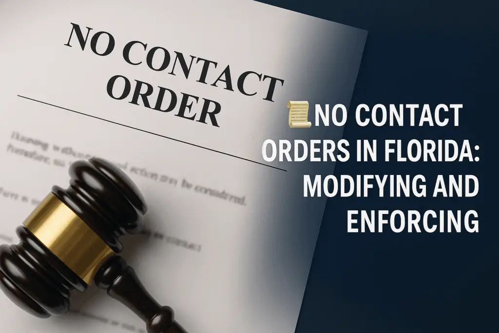 Legal document labeled ‘No Contact Order’ with a judge’s gavel beside it, overlaid with the title ‘No Contact Orders in Florida: Modifying and Enforcing,’ symbolizing Florida court restrictions and enforcement.