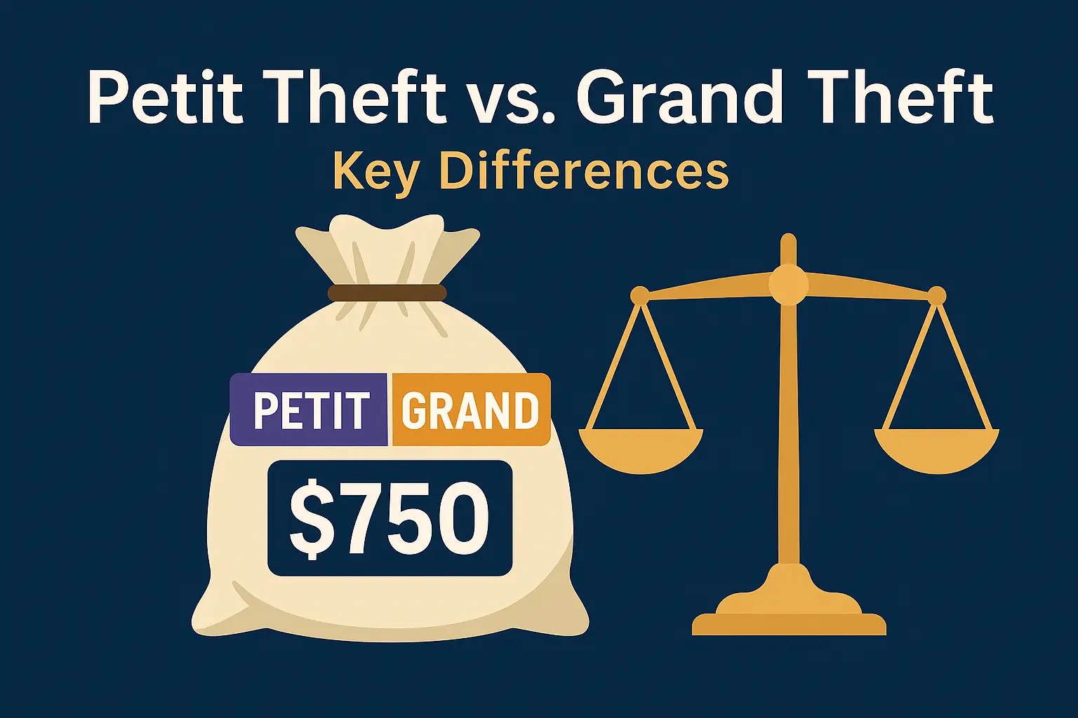 Petit theft vs. grand theft illustration with a money bag labeled "$750" and a balance scale, emphasizing key differences in Florida theft laws.