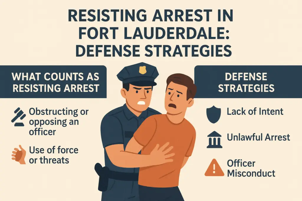Horizontal infographic titled 'Resisting Arrest in Fort Lauderdale: Defense Strategies.' Central illustration shows a police officer restraining a man. Left section defines resisting arrest: obstructing or opposing an officer, and use of force or threats. Right section lists defense strategies: lack of intent, unlawful arrest, and officer misconduct. Icons include gavel, warning triangle, courthouse, and shield.