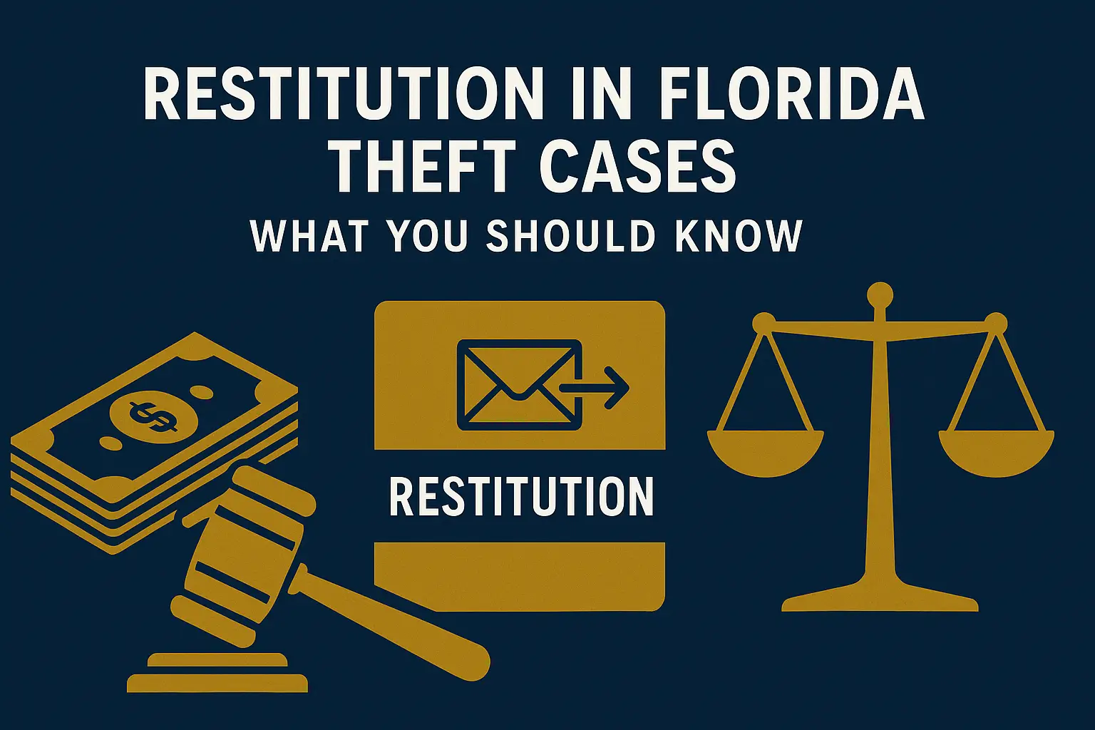 Restitution in Florida theft cases graphic featuring money, a gavel, and scales of justice, emphasizing legal obligations and repayment for financial losses.