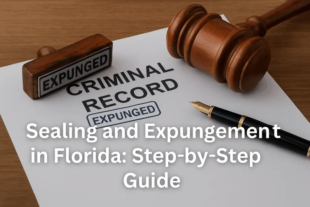 Document labeled ‘Sealing & Expungement’ on a wooden desk beside a judge’s gavel and pen, with overlaid title text ‘Sealing and Expungement in Florida: Step-by-Step Guide.’