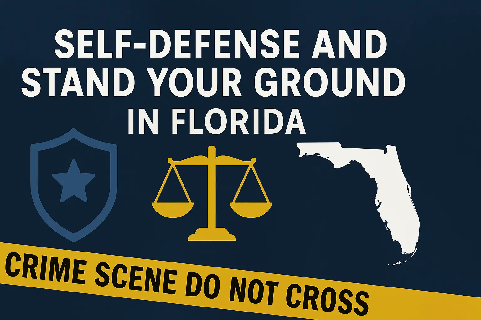 Self-defense and Stand Your Ground in Florida graphic featuring a shield, scales of justice, map outline of Florida, and crime scene tape stating "CRIME SCENE DO NOT CROSS".