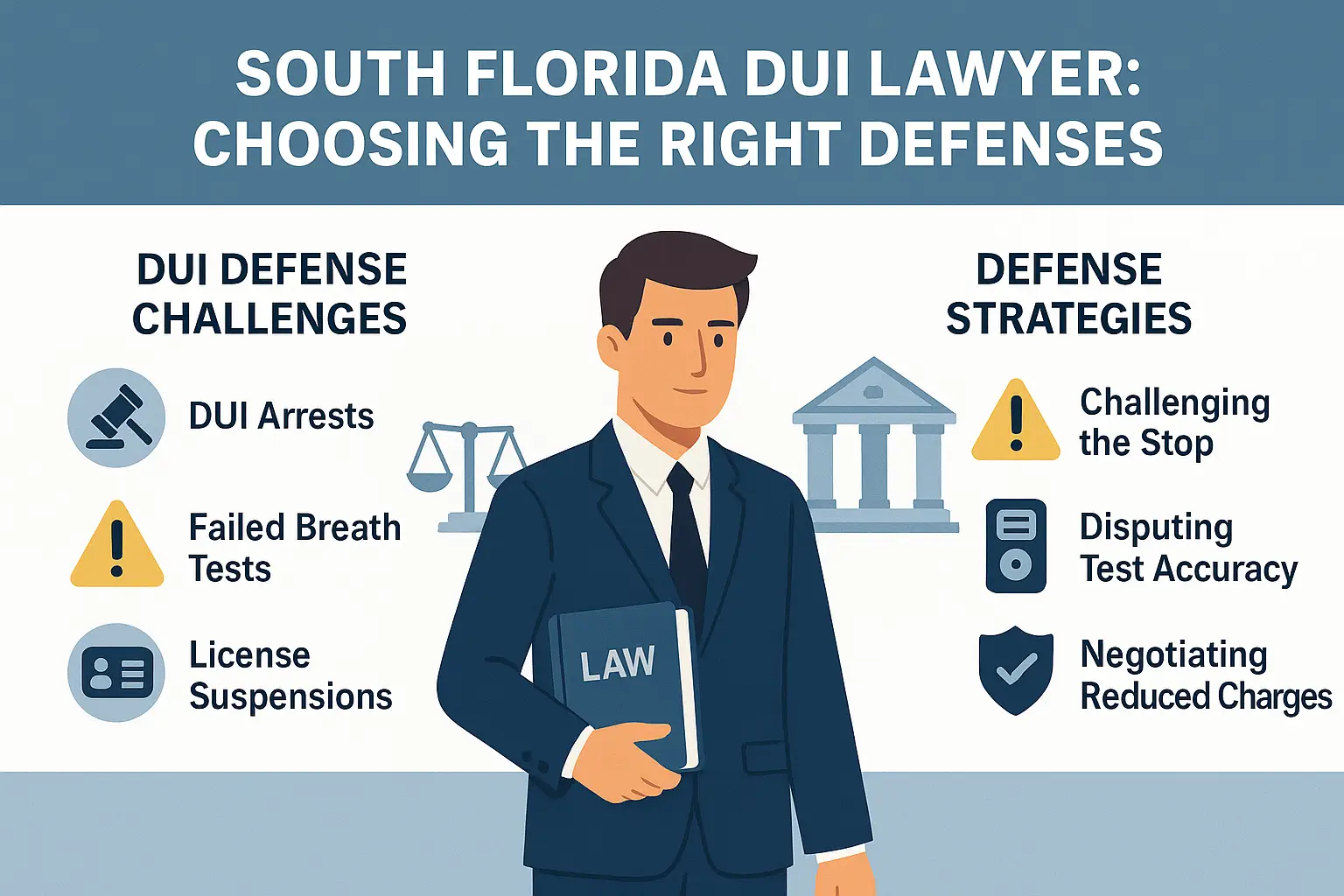 South Florida DUI lawyer with a law book, highlighting DUI defense challenges and strategies, including DUI arrests, failed breath tests, license suspensions, and defense strategies like challenging stops and negotiating reduced charges.