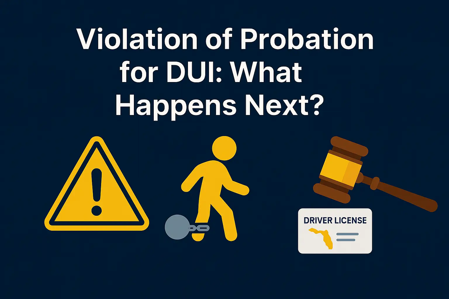 Infographic with dark blue background and bold white title text reading 'Violation of Probation for DUI: What Happens Next?' Below the text are three icons: a yellow triangular warning sign with an exclamation mark, a yellow stick figure with a ball and chain on its leg, and a brown gavel next to a Florida driver license card.