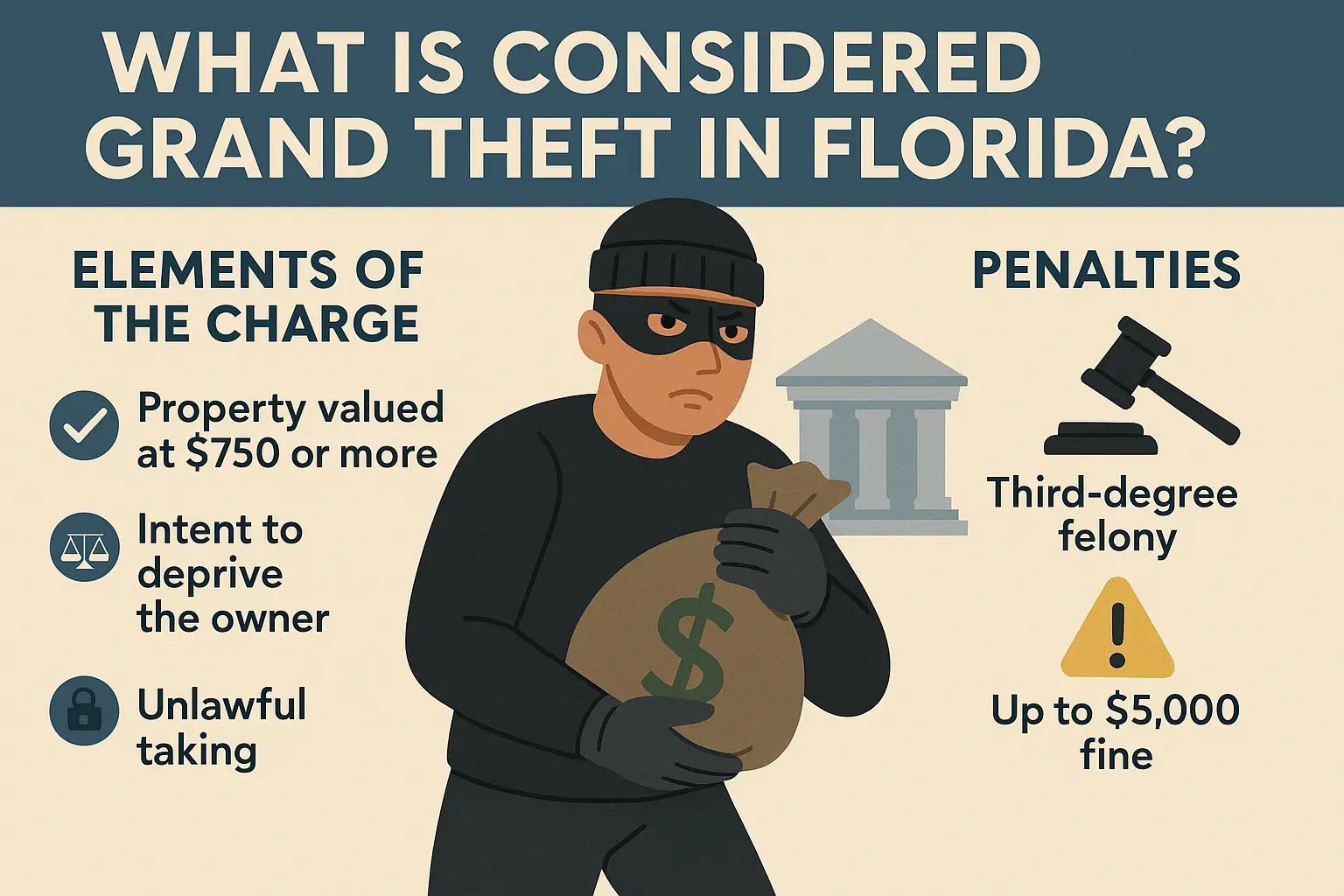 Illustration explaining grand theft in Florida, featuring a masked figure with a money bag, key elements of the charge including property value of $750 or more, intent to deprive the owner, unlawful taking, and penalties like third-degree felony and up to $5,000 fine.