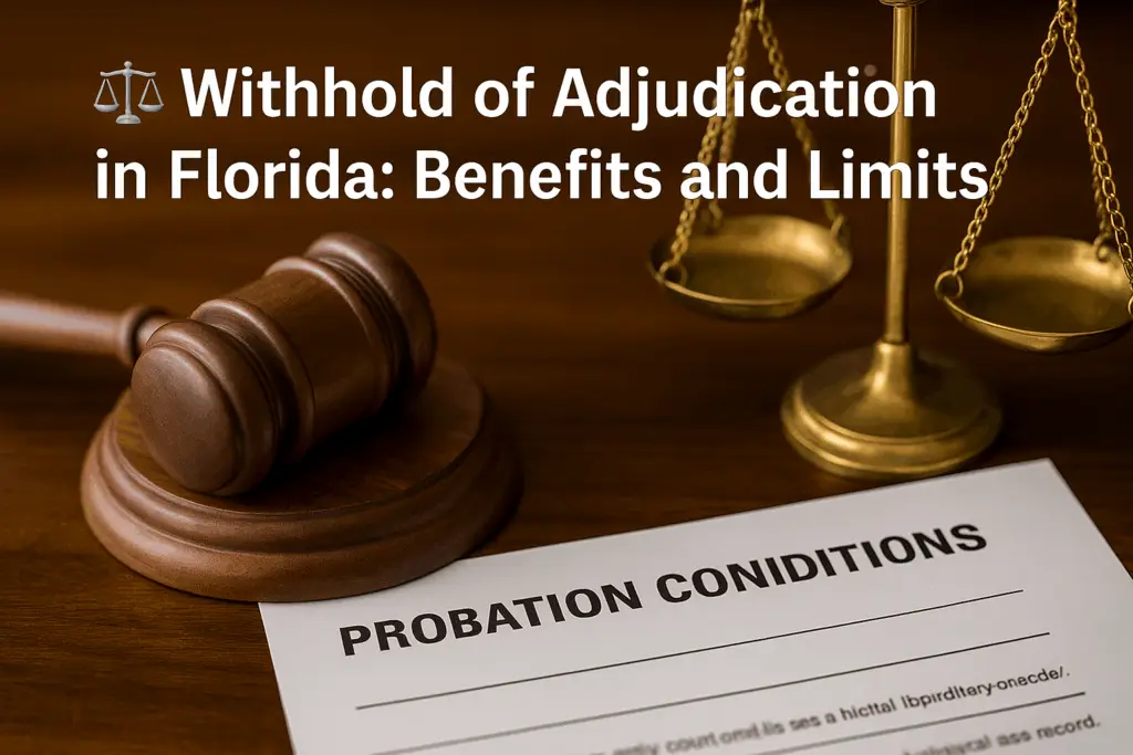 Judge’s gavel and brass scales of justice on a polished desk with a legal document titled ‘Withhold of Adjudication,’ overlaid with the text ‘Withhold of Adjudication in Florida: Benefits and Limits.