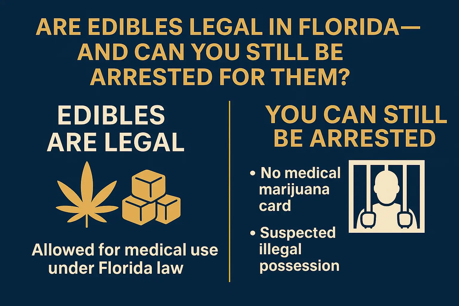Horizontal infographic titled “Are Edibles Legal in Florida—and Can You Still Be Arrested for Them?” Navy-blue background with gold and white text. Left side labeled “Edibles Are Legal” shows cannabis leaf and gummy icons with text: “Allowed for medical use under Florida law.” Right side labeled “You Can Still Be Arrested” lists “No medical marijuana card” and “Suspected illegal possession,” with jail bars icon. Clean, professional design explaining Florida’s medical marijuana edible laws.