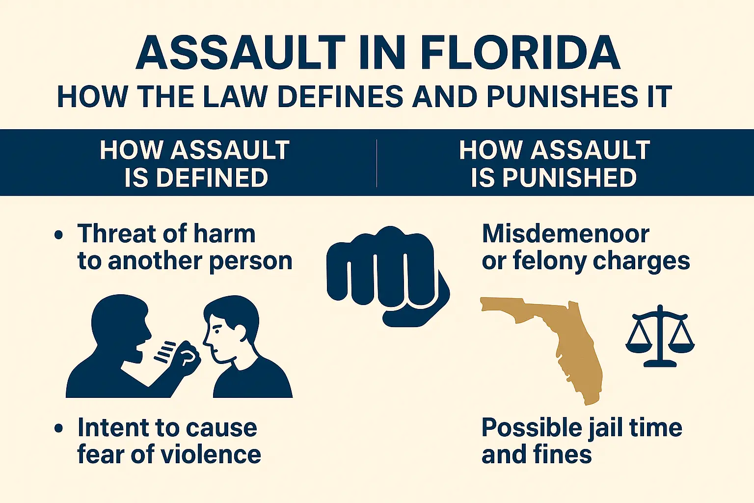 Assault in Florida infographic illustrating legal definitions and penalties, featuring elements like threat of harm, intent to cause fear of violence, and potential misdemeanor or felony charges.