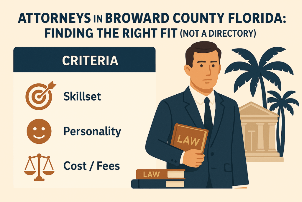 Horizontal infographic titled “Attorneys in Broward County Florida: Finding the Right Fit (Not a Directory).” A professional attorney in a navy suit holds a law book with a courthouse and palm trees in the background. Three highlighted criteria — Relevant Practice Area (magnifying glass icon), Local Experience (location icon), and Strong Reviews (thumbs-up icon) — are presented on a clean beige layout using navy, burnt orange, and cream tones for a professional Broward County aesthetic.