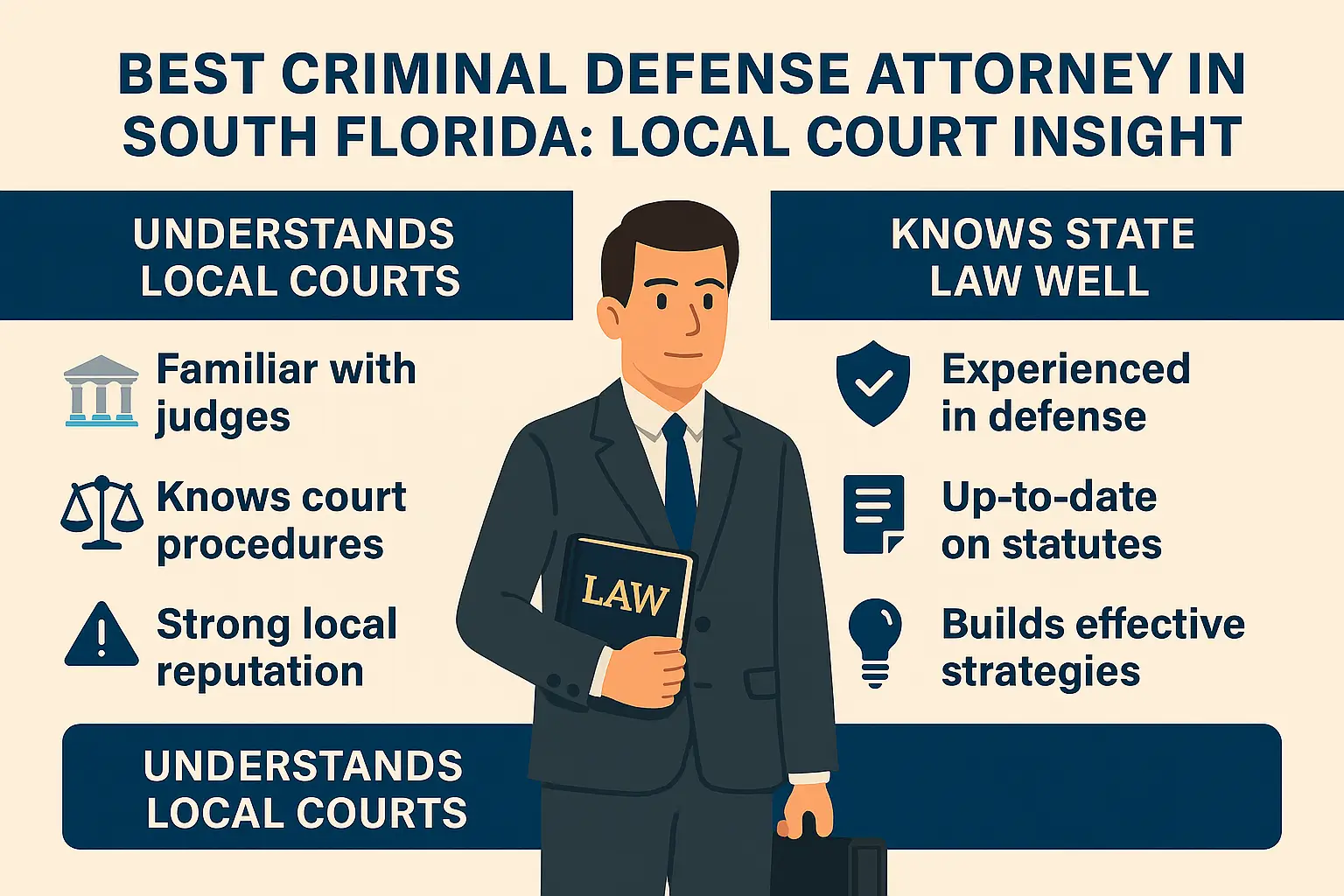 Best criminal defense attorney in South Florida infographic highlighting local court understanding and state law expertise, featuring a professional man holding a law book, with key points on familiarity with judges, court procedures, and effective defense strategies.