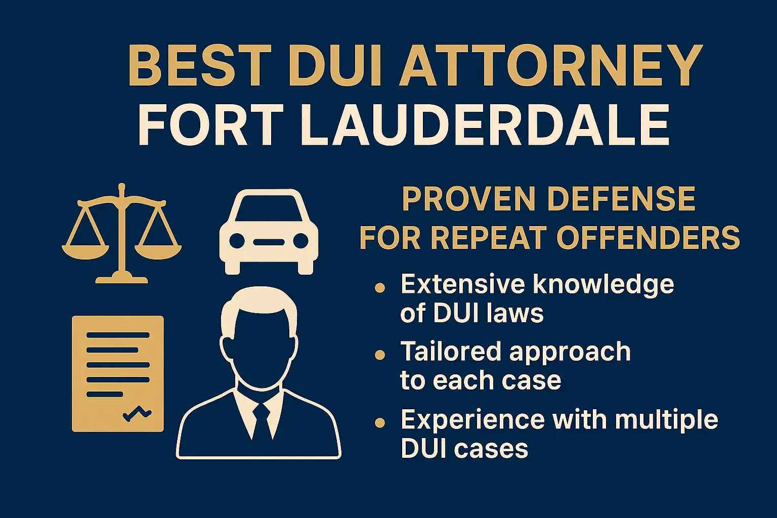 Best DUI attorney in Fort Lauderdale graphic featuring scales of justice, car icon, attorney silhouette, and text highlighting proven defense for repeat offenders, extensive knowledge of DUI laws, tailored approach, and experience with multiple DUI cases.