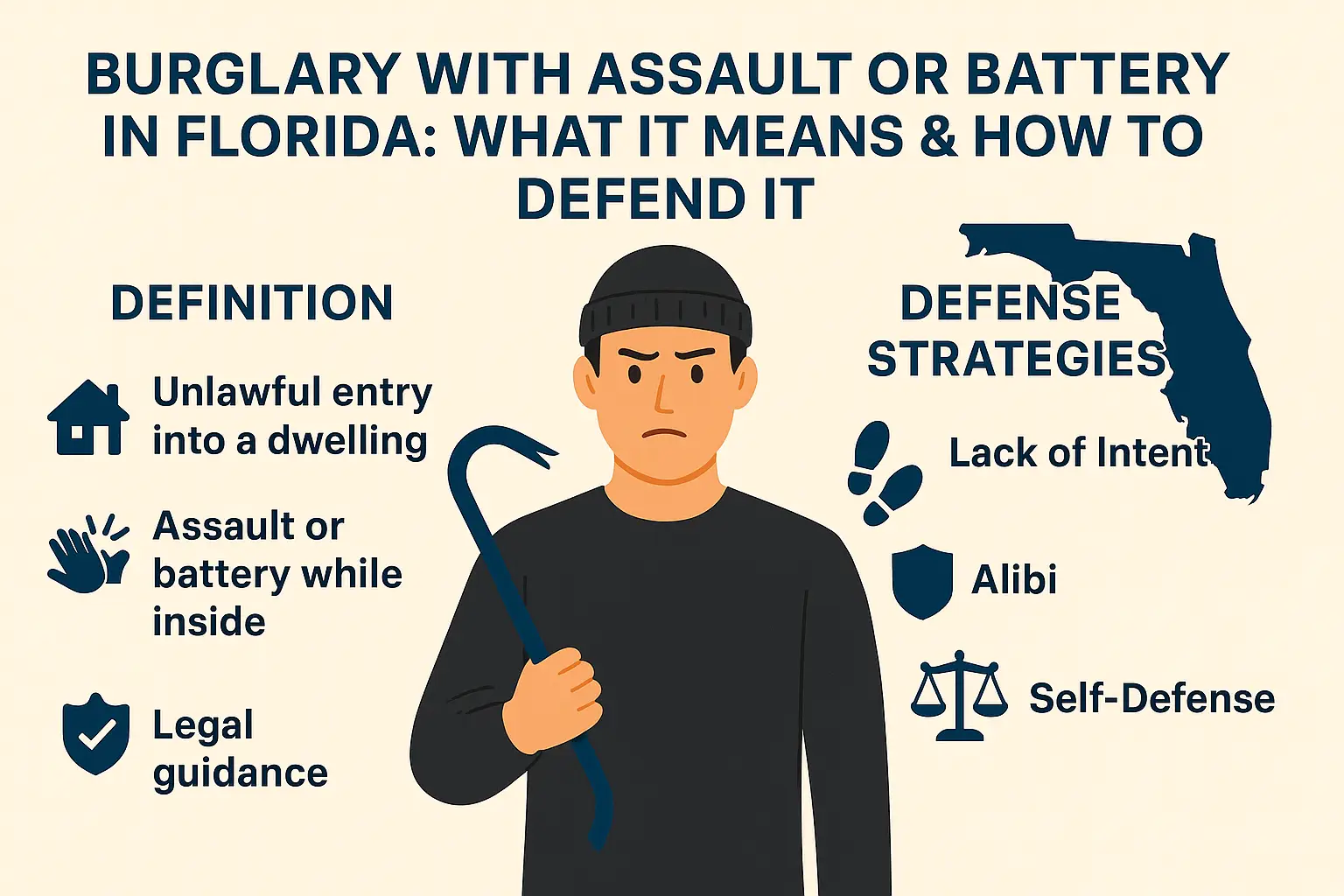 Burglary with assault or battery in Florida infographic, featuring a man holding a crowbar, highlighting key definitions like unlawful entry and assault, along with defense strategies such as lack of intent, alibi, and self-defense.
