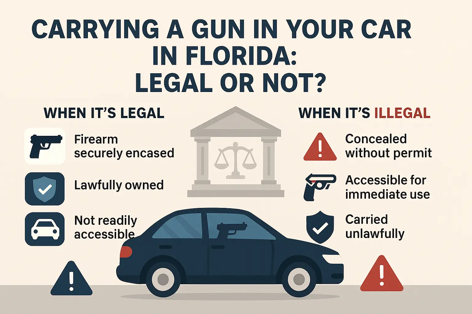 Horizontal infographic titled 'Carrying a Gun in Your Car in Florida: Legal or Not?' Central illustration of a car with a handgun inside, with courthouse in the background. Left section explains when it’s legal: firearm securely encased, lawfully owned, and not readily accessible. Right section explains when it’s illegal: concealed without a permit, accessible for immediate use, or carried unlawfully. Icons include handgun, shield, warning triangle, courthouse, and car.