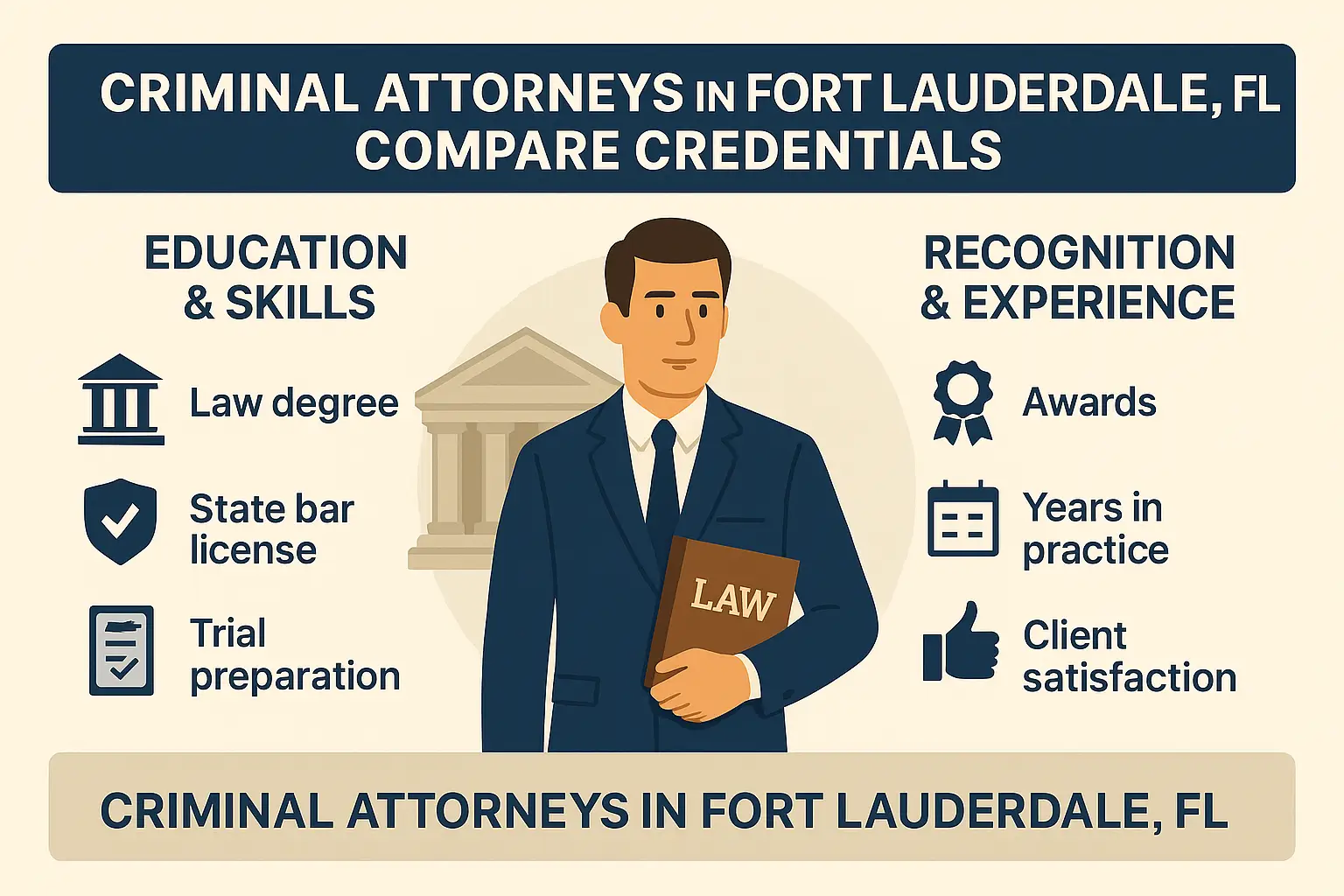 Criminal attorneys in Fort Lauderdale, FL, infographic highlighting education, skills, recognition, and experience, featuring a lawyer holding a law book.