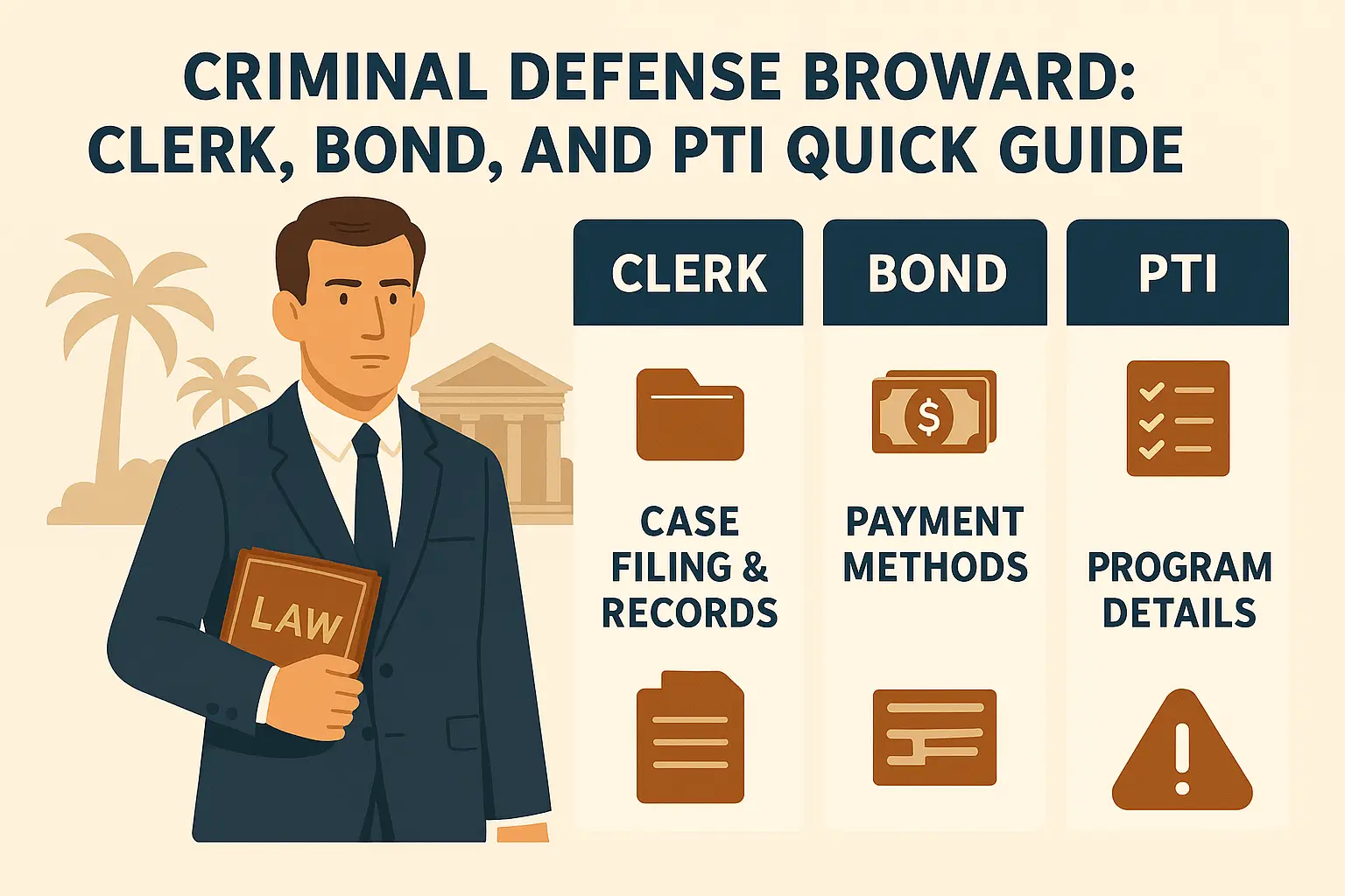 Criminal defense guide graphic featuring a lawyer holding a "LAW" book, with sections on Clerk, Bond, and PTI details including case filing, payment methods, and program information, relevant to Broward County legal processes.