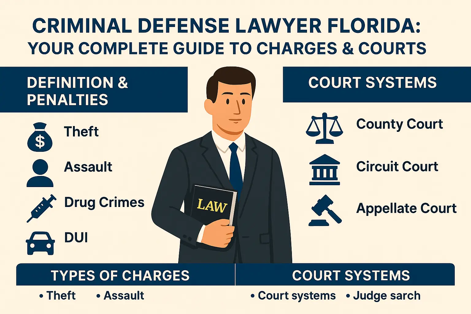 Horizontal infographic titled “Criminal Defense Lawyer Florida: Your Complete Guide to Charges & Courts.” Designed with a beige background and navy-blue headings. Left section labeled “Definition & Penalties” lists Theft, Assault, Drug Crimes, and DUI with matching icons. Right section labeled “Court Systems” lists County Court, Circuit Court, and Appellate Court with justice-themed icons. Center features a professional attorney in a navy suit holding a law book, symbolizing Florida criminal defense representation and court navigation.