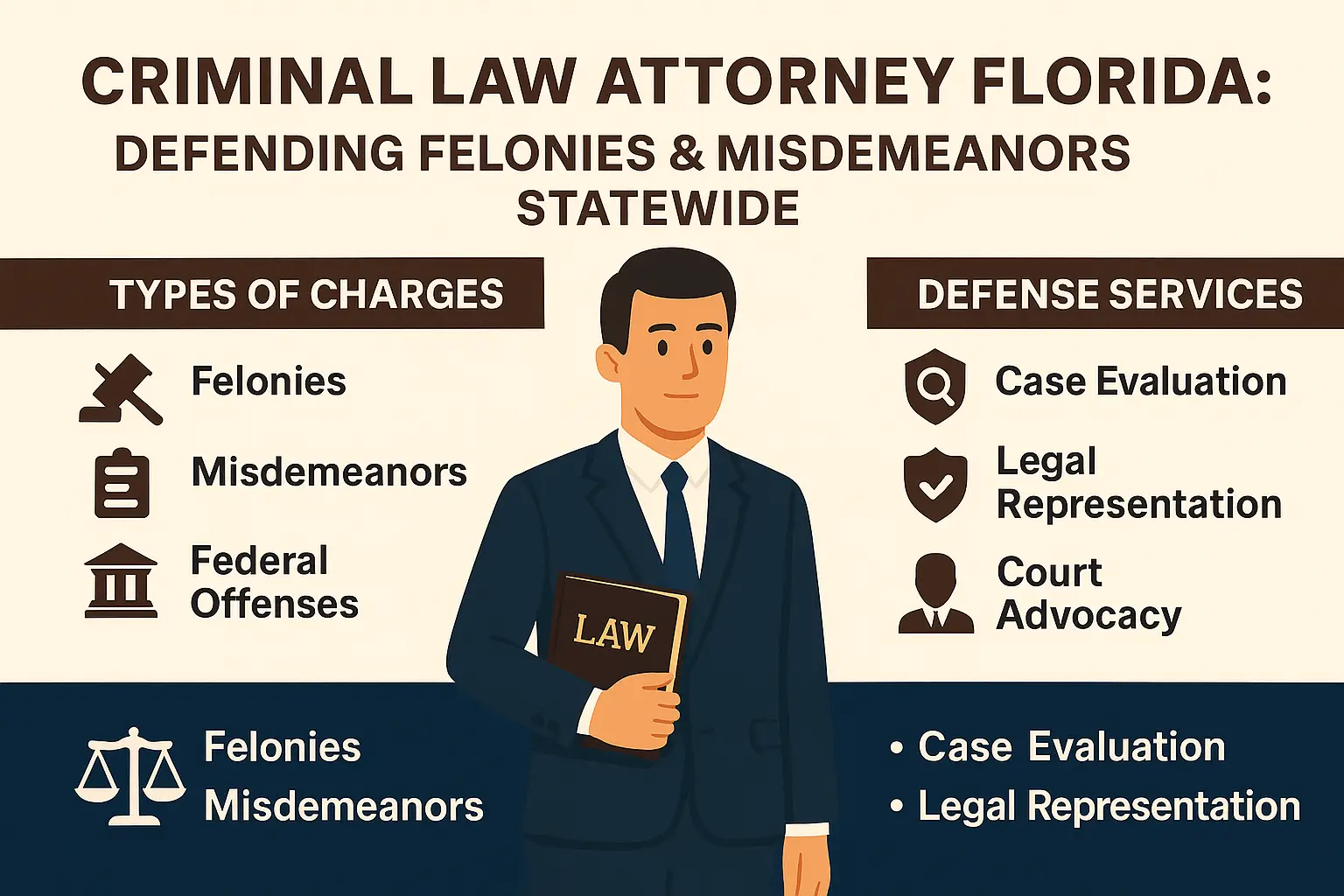 Criminal law attorney graphic highlighting defense services for felonies and misdemeanors in Florida, featuring a professional holding a law book, with icons representing types of charges and legal services.