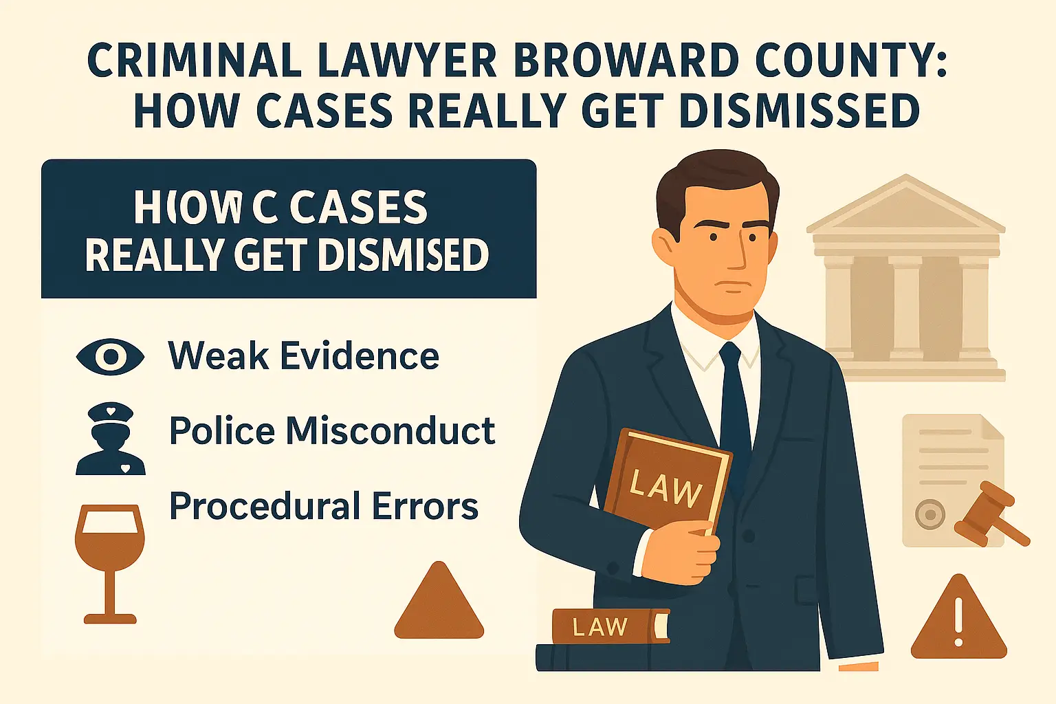 Horizontal infographic titled “Criminal Lawyer Broward County: How Cases Really Get Dismissed.” A professional attorney in a navy suit holds a law book beside a courthouse backdrop. To the right, a boxed list titled “Dismissal Factors” includes icons and text: “Insufficient Evidence” (scales), “Police Mistakes” (warning symbol), and “Negotiated Agreement” (handshake). Design uses a navy, burnt orange, and beige palette with clean, modern legal styling.