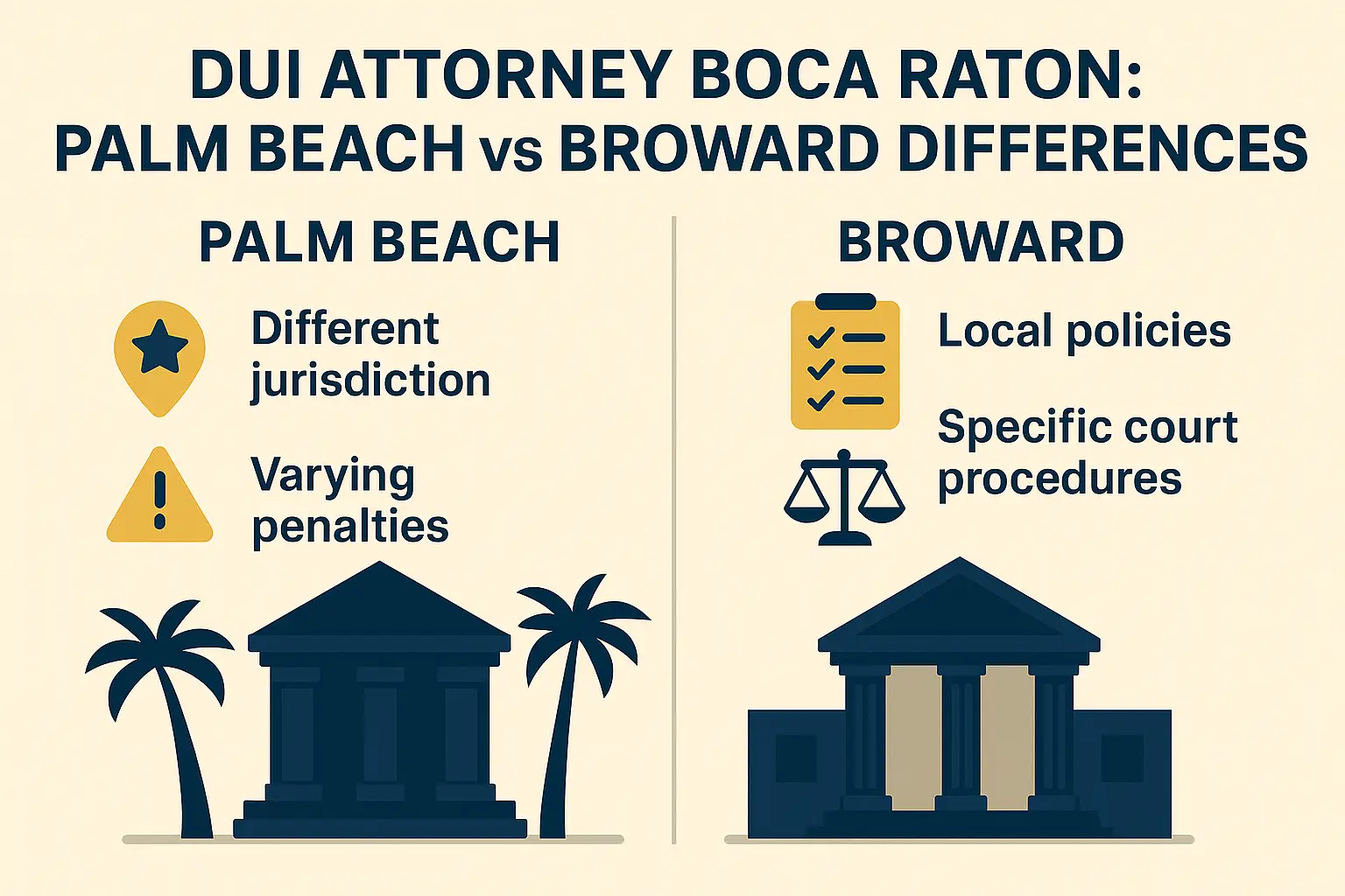 DUI attorney Boca Raton infographic comparing Palm Beach and Broward differences, highlighting jurisdiction, penalties, local policies, and court procedures.