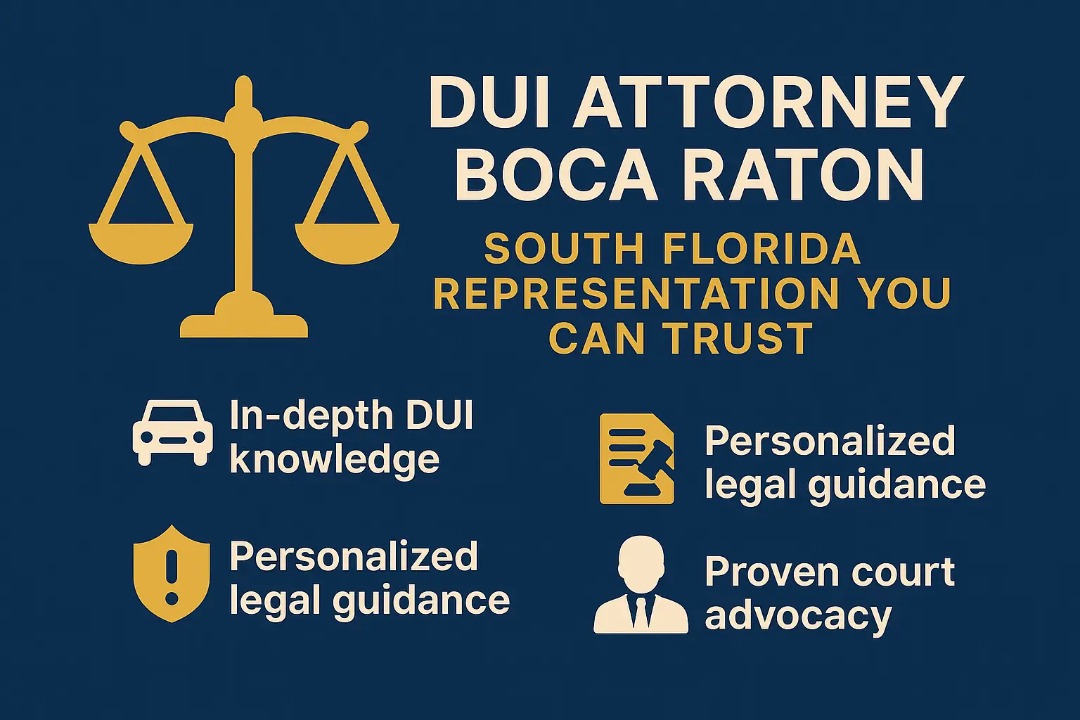Horizontal infographic titled “DUI Attorney Boca Raton: South Florida Representation You Can Trust.” Navy-blue background with gold and white text. Left side lists “Focused on DUI Defense,” “Skilled legal advocate,” and “Committed to your case,” each paired with icons of scales, courthouse, police car, and attorney silhouette. Clean, professional layout reflecting reliable South Florida DUI defense representation.