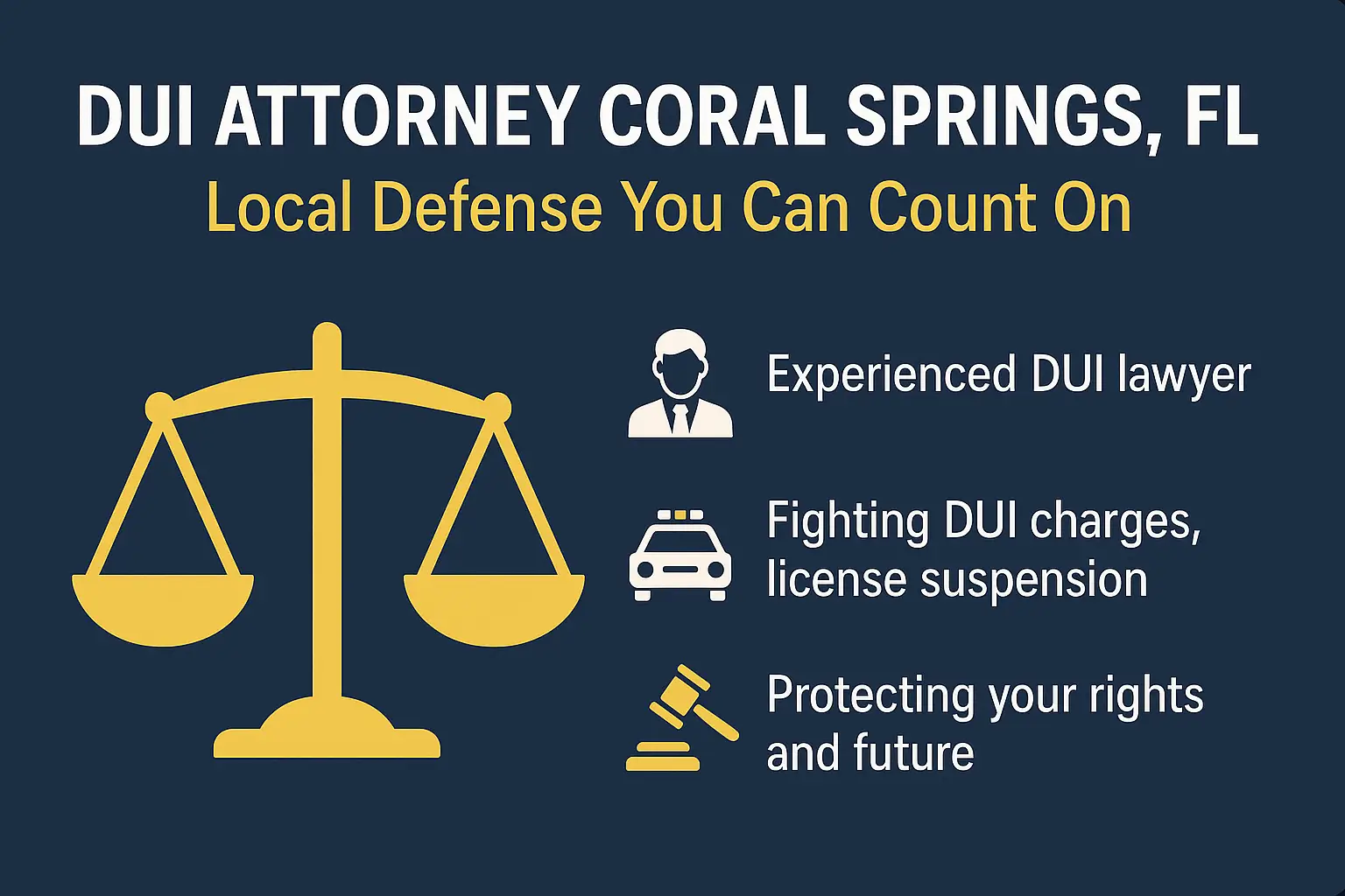 DUI attorney services in Coral Springs, FL, featuring scales of justice, experienced lawyer icon, police car, and gavel, emphasizing local defense against DUI charges and protecting rights.