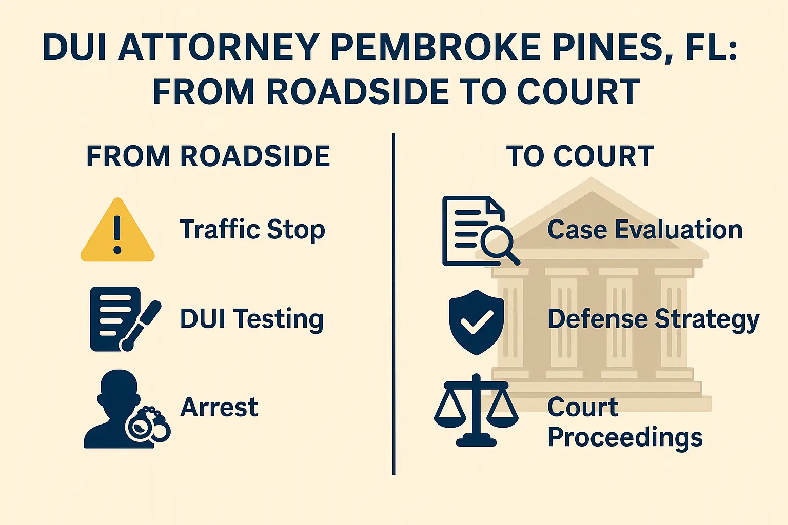 DUI attorney services in Pembroke Pines, FL, illustrating the process from roadside traffic stop and DUI testing to court case evaluation and defense strategy.