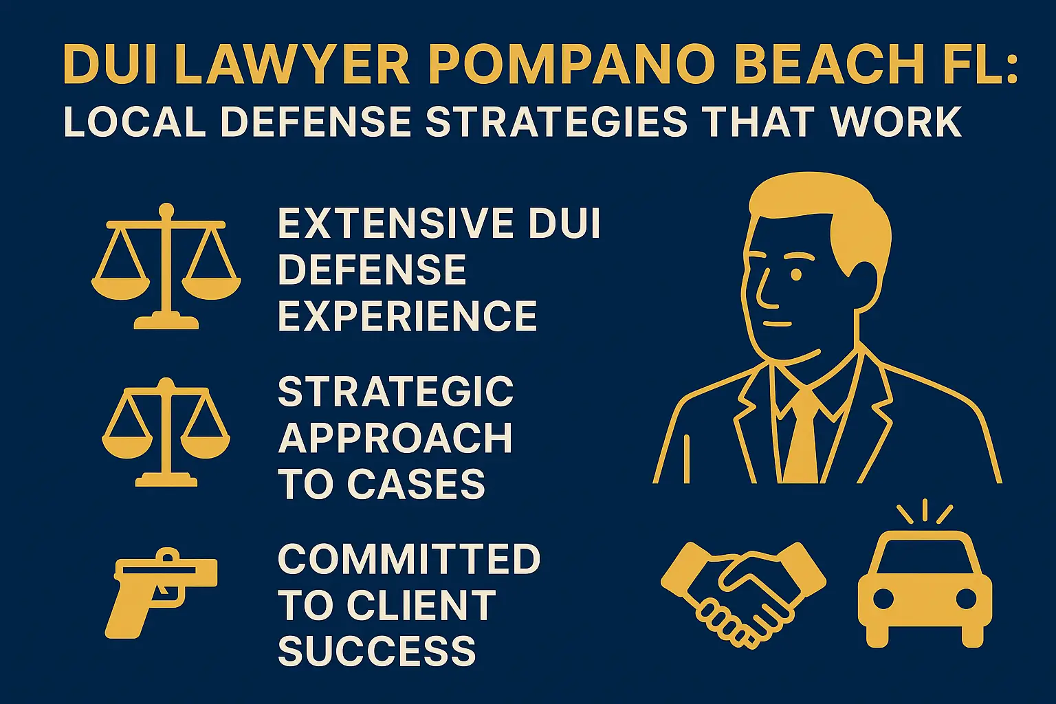 DUI lawyer in Pompano Beach, FL, highlighting local defense strategies, extensive DUI defense experience, strategic case approach, and commitment to client success.