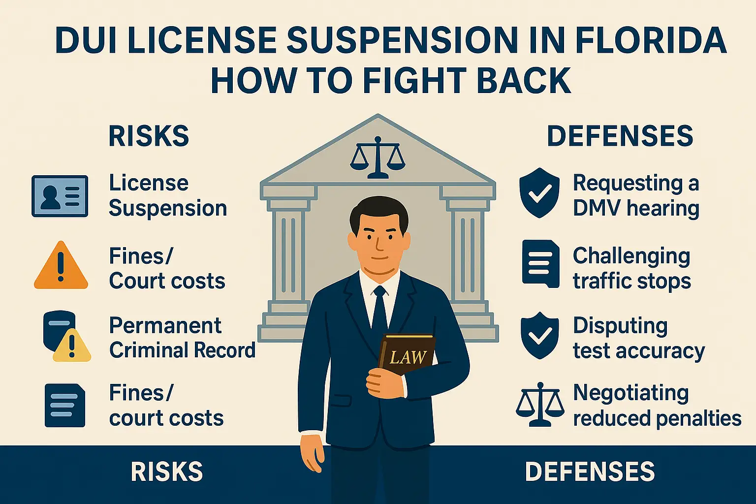 DUI license suspension information graphic featuring risks like license suspension and fines, and defenses such as requesting a DMV hearing and challenging traffic stops, with a lawyer holding a law book in front of a courthouse.