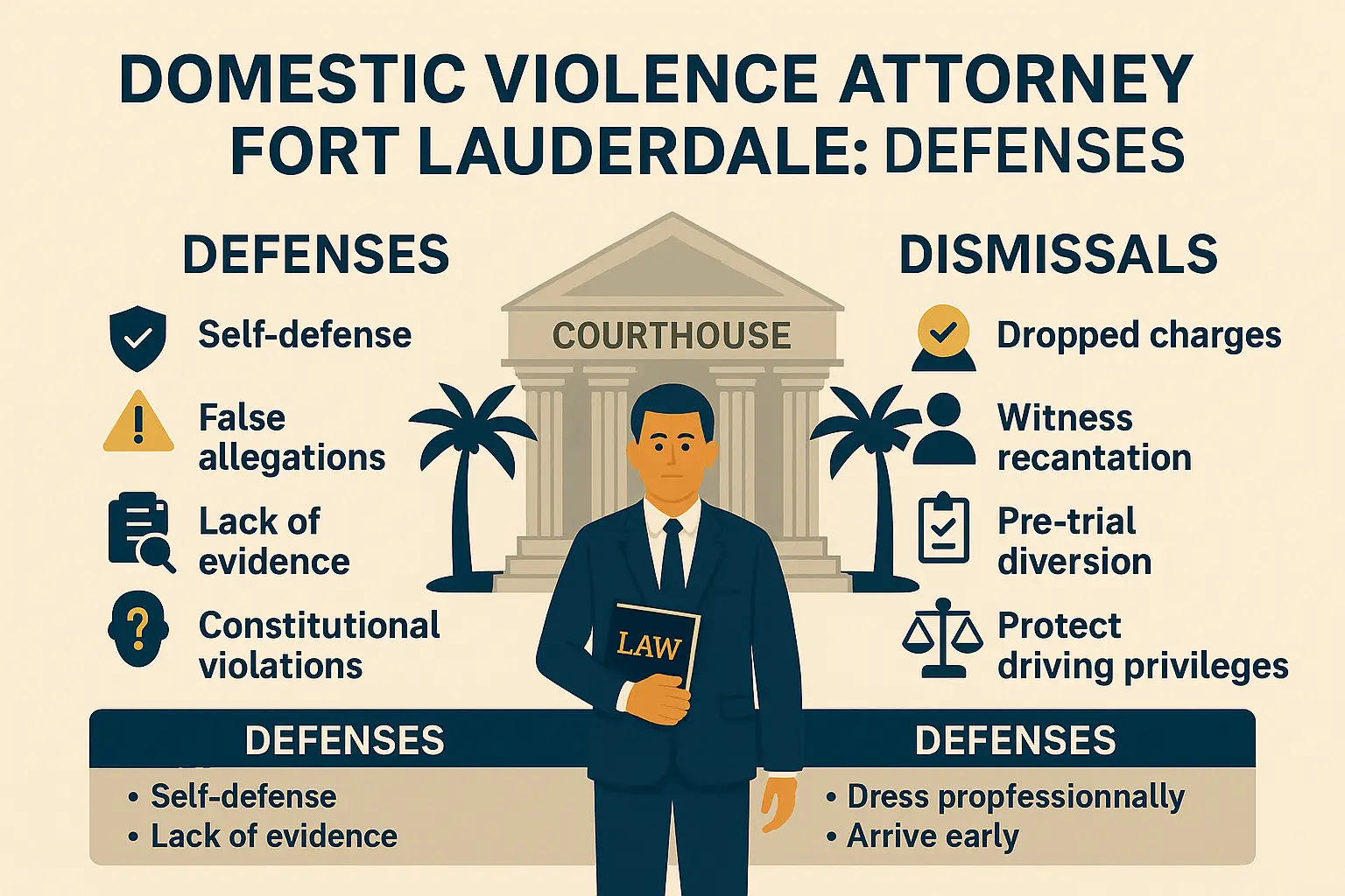 Infographic titled ‘Domestic Violence Attorney Fort Lauderdale: Defenses & Dismissals’ showing a courthouse with palm trees. The left side lists defenses with icons: self-defense, false allegations, lack of evidence, and constitutional violations. The right side lists dismissals with icons: dropped charges, witness recantation, pre-trial diversion, and following attorney guidance. The design uses navy blue, beige, and gold tones for a polished Fort Lauderdale legal appearance.
