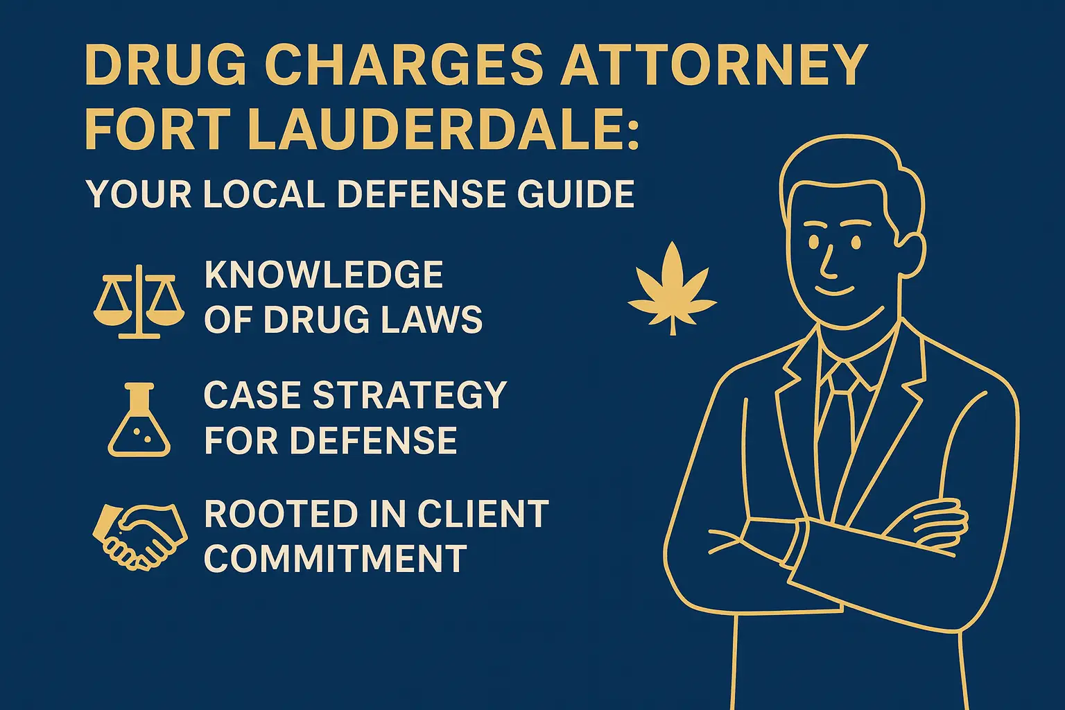 Drug Charges Attorney Fort Lauderdale graphic featuring scales of justice, a laboratory flask, and a handshake, emphasizing knowledge of drug laws, case strategy for defense, and commitment to clients.