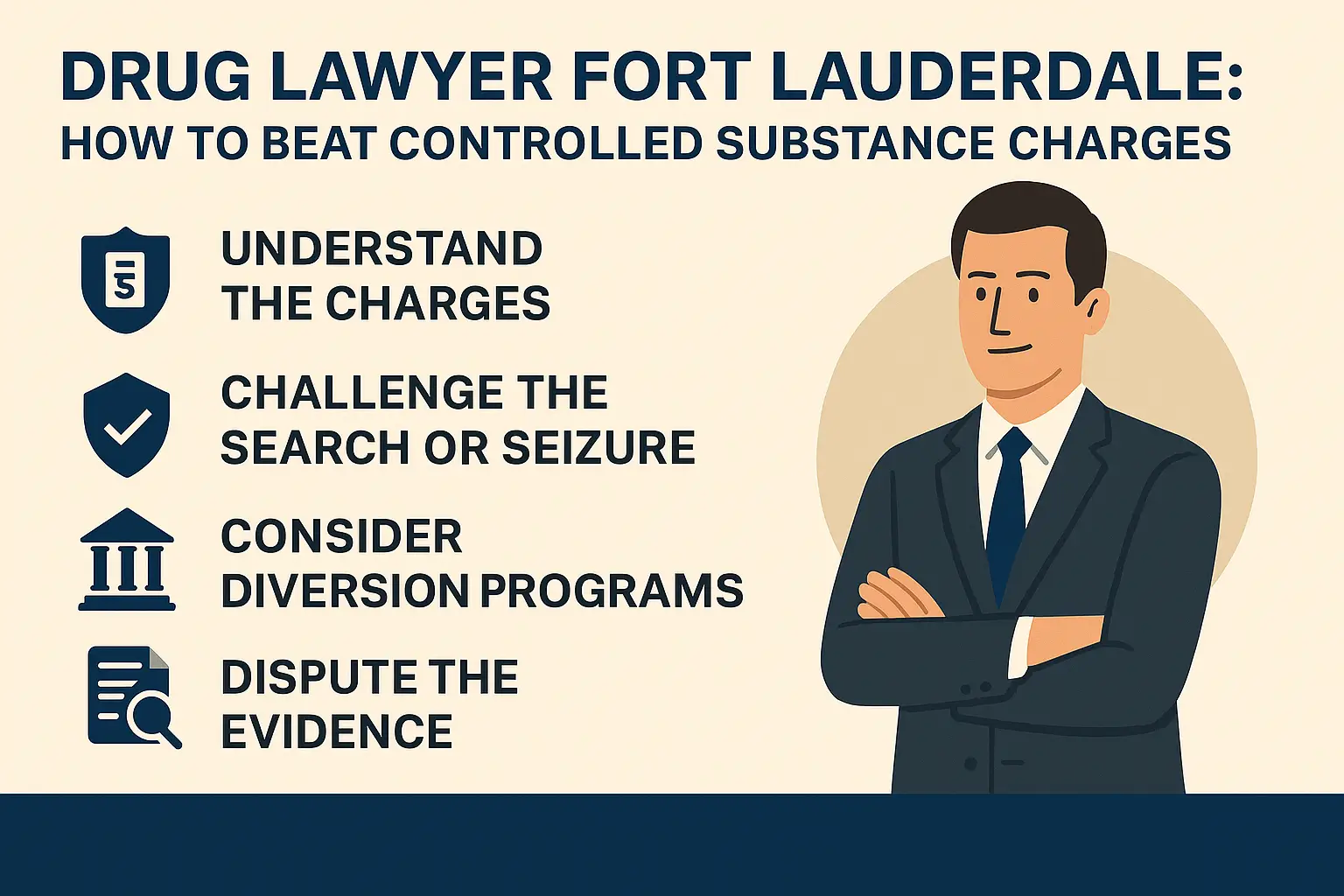 Drug lawyer in Fort Lauderdale providing strategies on how to beat controlled substance charges, including understanding charges, challenging searches, considering diversion programs, and disputing evidence.