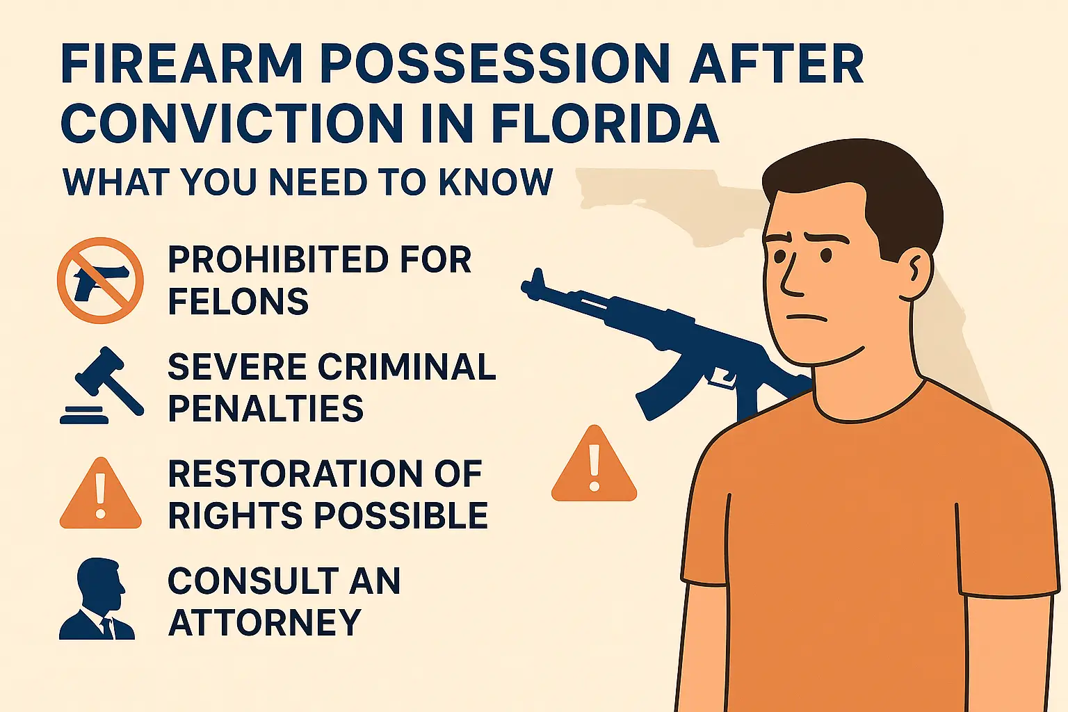 Firearm possession infographic highlighting legal restrictions for felons in Florida, featuring key points on prohibitions, criminal penalties, rights restoration, and legal consultation.