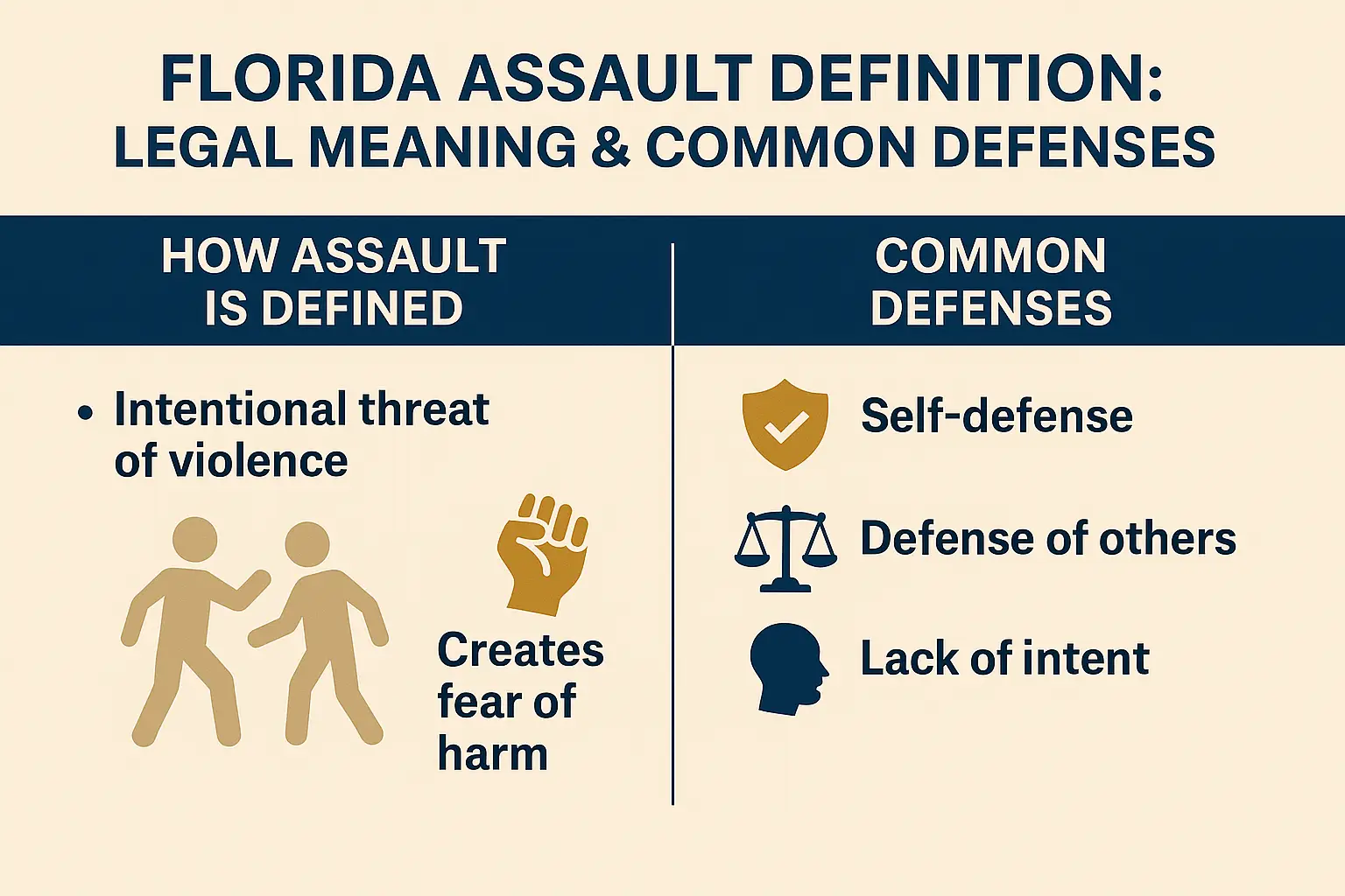 Florida assault definition infographic highlighting legal meaning, intentional threat of violence, creation of fear, and common defenses including self-defense and lack of intent.