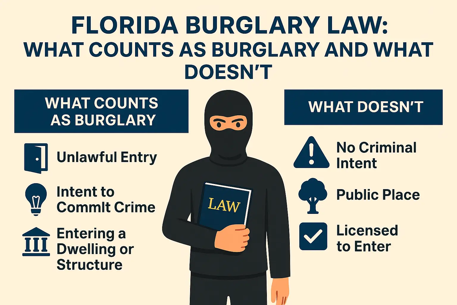 Florida burglary law infographic highlighting key definitions of burglary, including unlawful entry, intent to commit a crime, and entering a dwelling, contrasted with conditions that do not constitute burglary, such as no criminal intent and licensed entry.