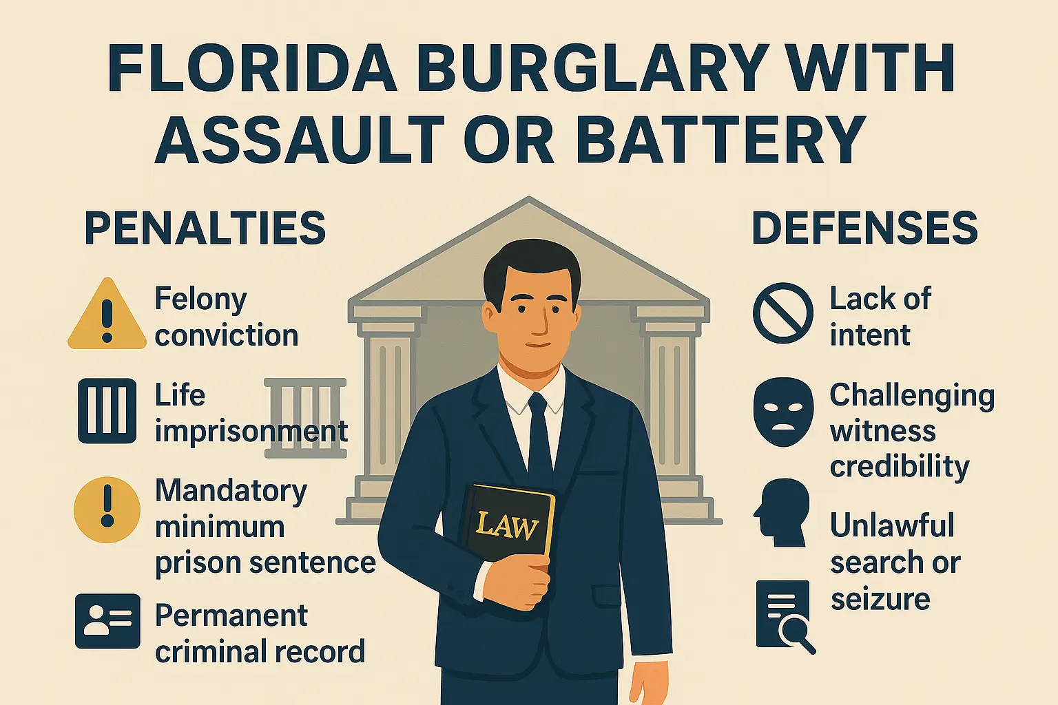 Florida burglary with assault or battery infographic highlighting penalties and defenses, featuring a man in a suit holding a "LAW" book, with icons for felony conviction, life imprisonment, mandatory minimum prison sentence, permanent criminal record, and defenses like lack of intent and challenging witness credibility.